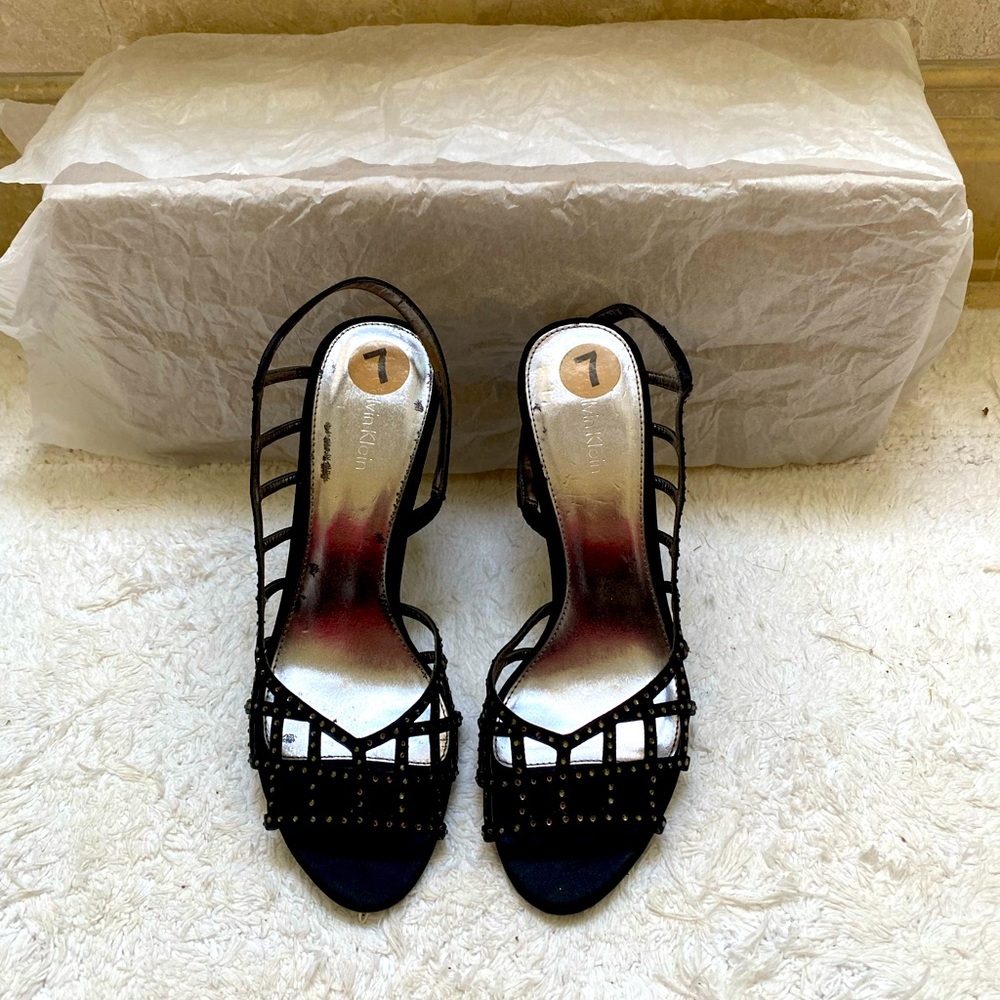 Rhinestone and black Calvin Klein strappy sandals.  Size 7